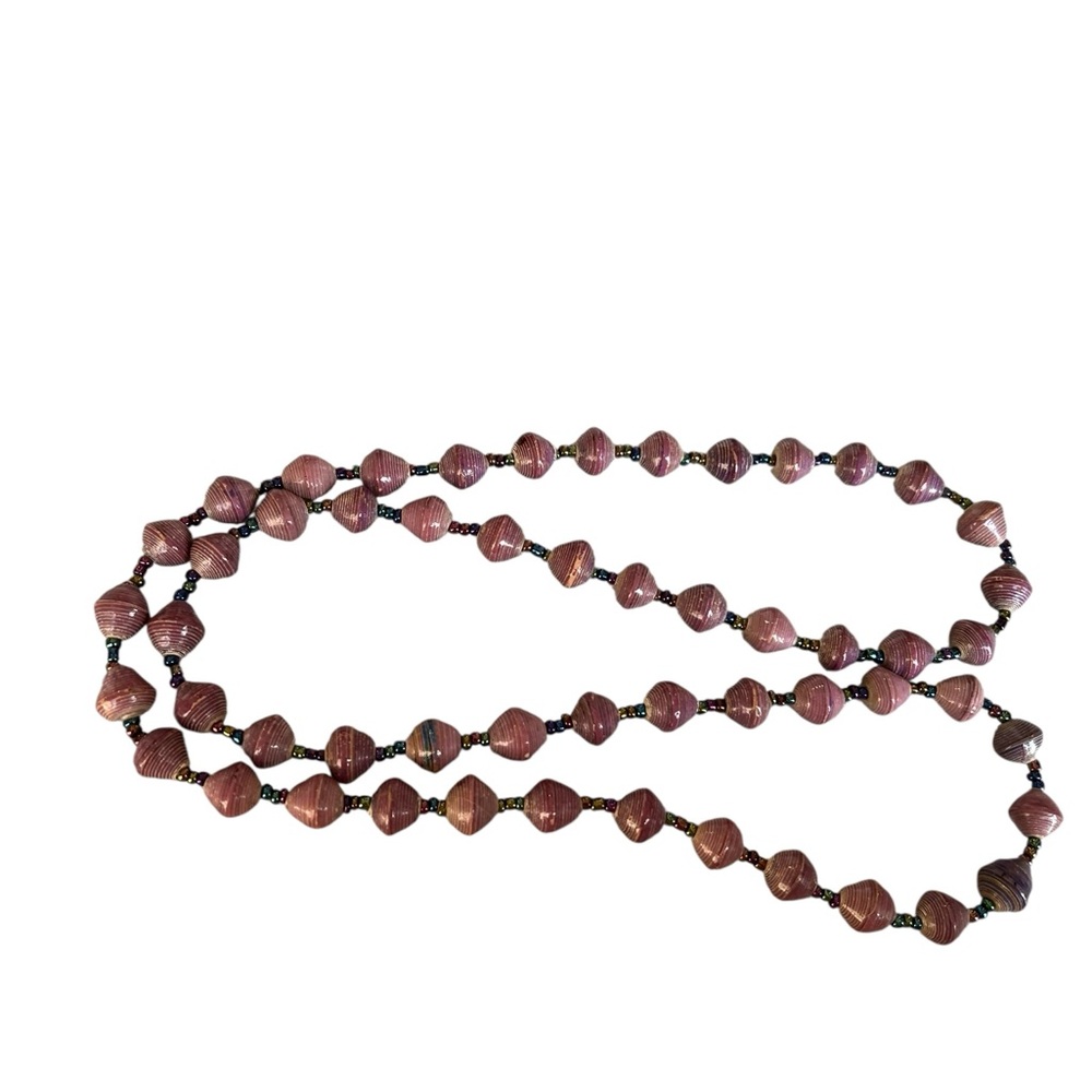 Vintage gorgeous, paper bead  32” necklace, light purple w/iridescent seed beads